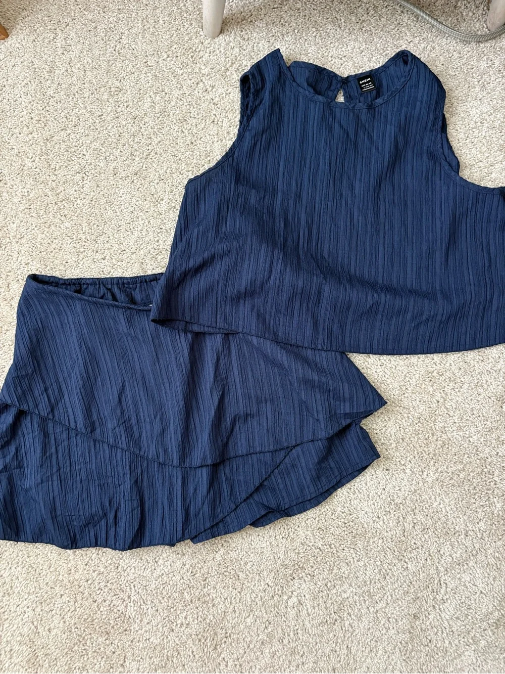 SHEIN Navy Textured Sleeveless Top & Tiered Skirt Set